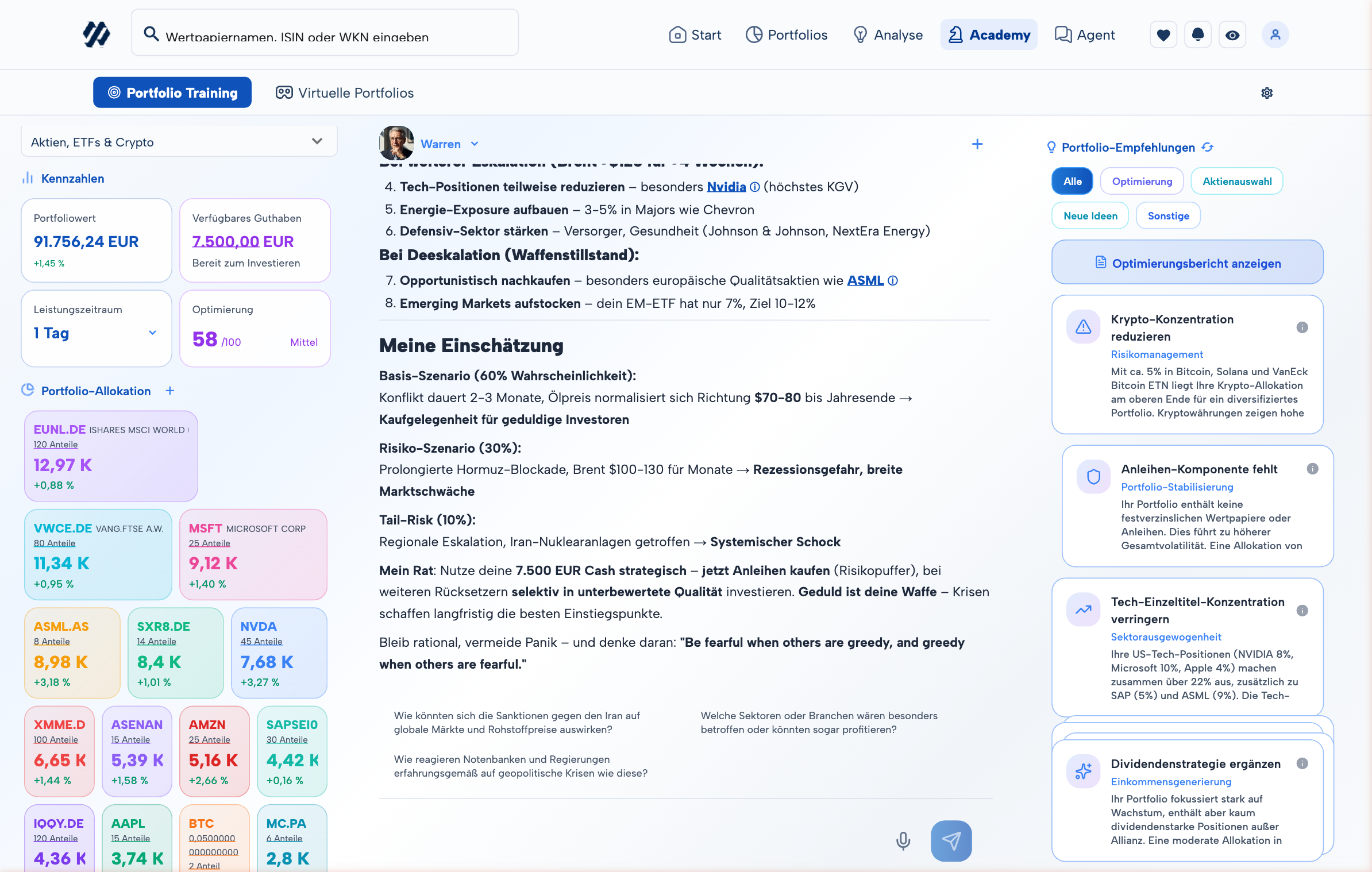Academy Portfolio Training mit AI Companion Warren in MoneyPeak
