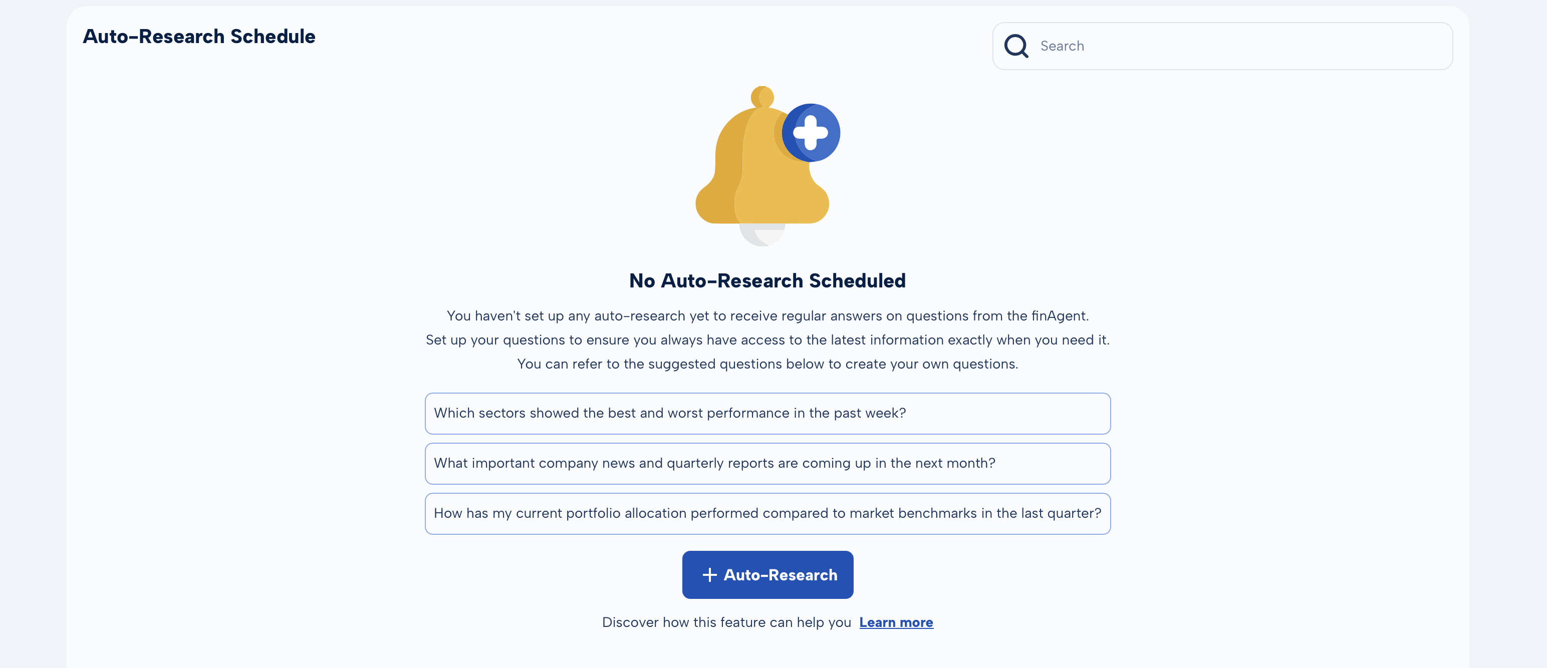 Planification d'Auto-Recherche avec questions suggérées dans MoneyPeak