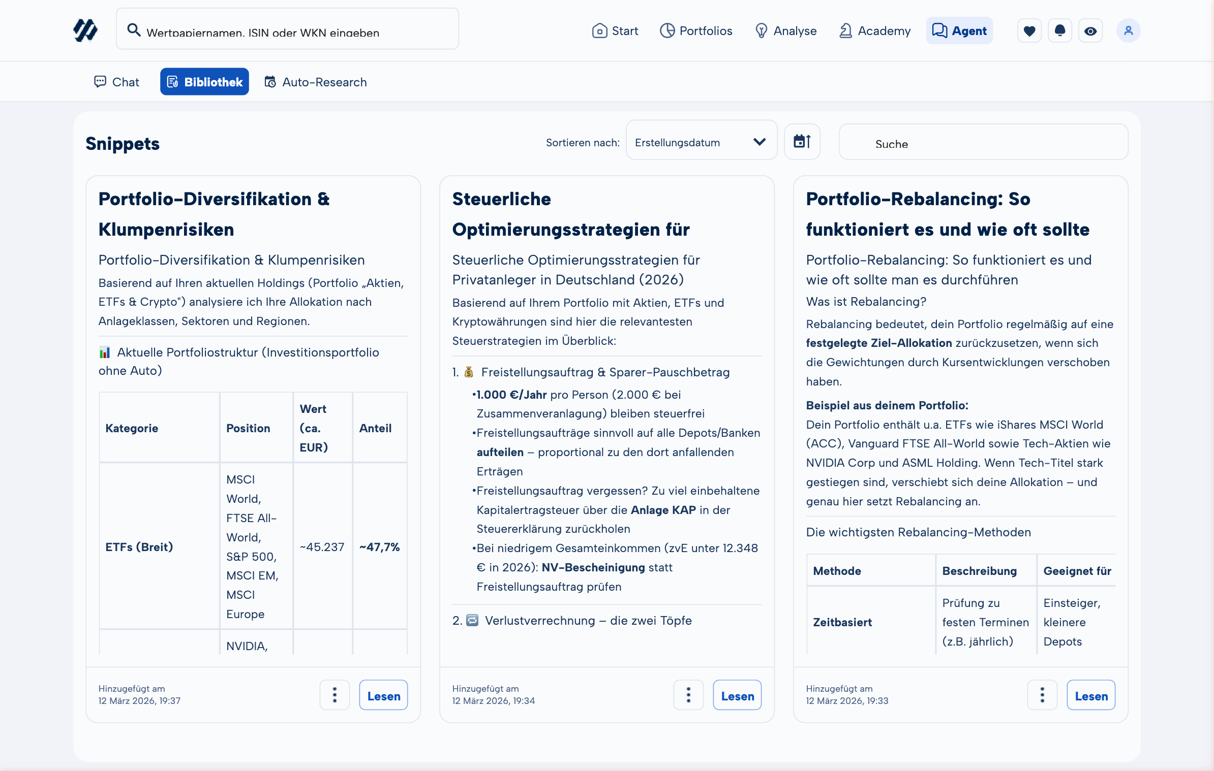 Bibliothek mit Snippets in MoneyPeak